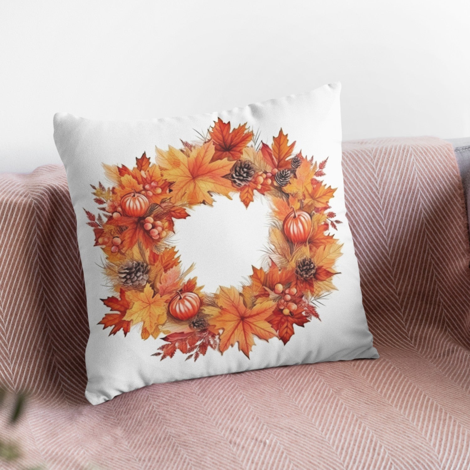 Fall Season Home Decor Throw Pillow with autumn pattern, featuring vibrant colors and a light cream back, perfect for seasonal decoration.
