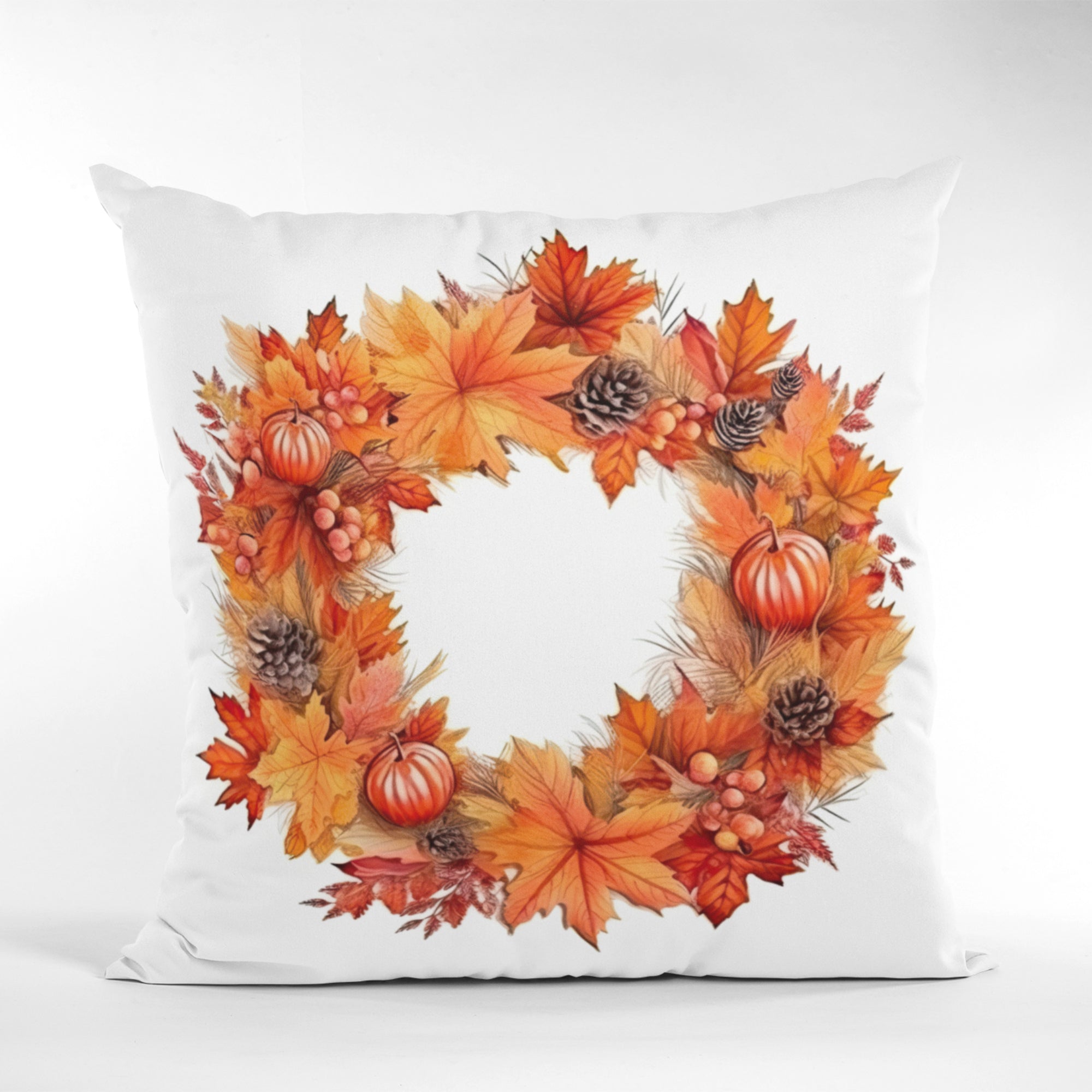 Fall Season Home Decor Throw Pillow with autumn pattern, featuring vibrant colors and a light cream back, perfect for seasonal decoration.