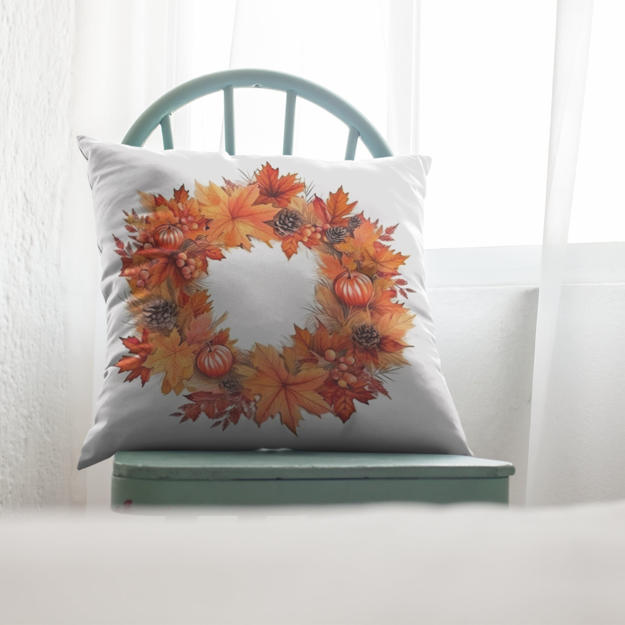 Fall Season Home Decor Throw Pillow with autumn pattern, featuring vibrant colors and a light cream back, perfect for seasonal decoration.