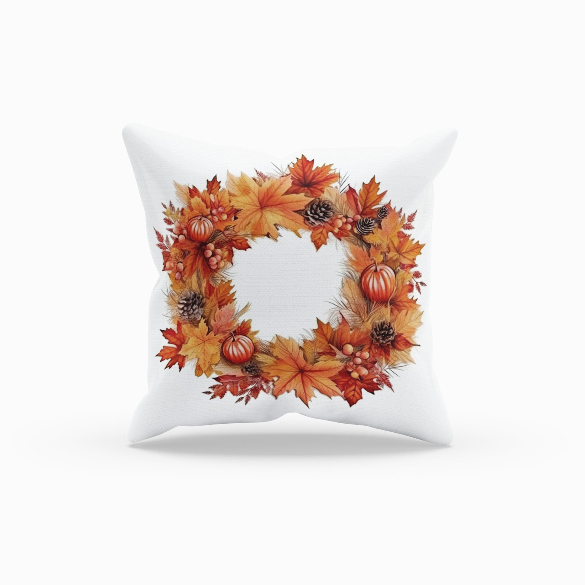 Fall Season Home Decor Throw Pillow with autumn pattern, featuring vibrant colors and a light cream back, perfect for seasonal decoration.