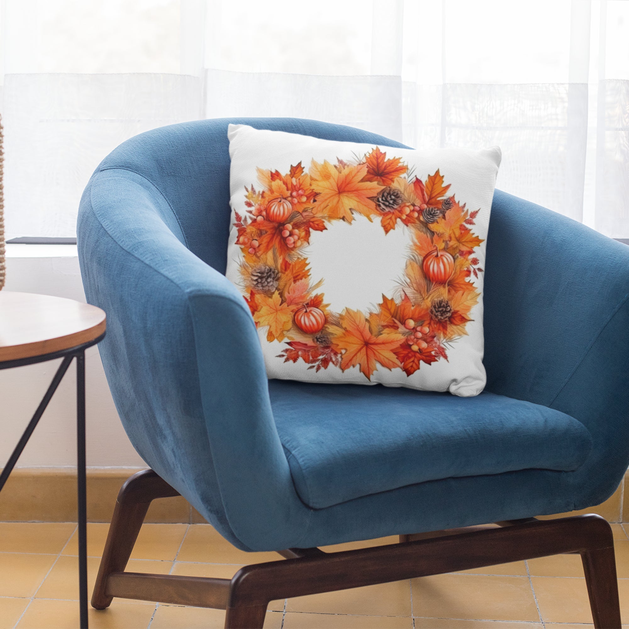 Fall Season Home Decor Throw Pillow with autumn pattern, featuring vibrant colors and a light cream back, perfect for seasonal decoration.