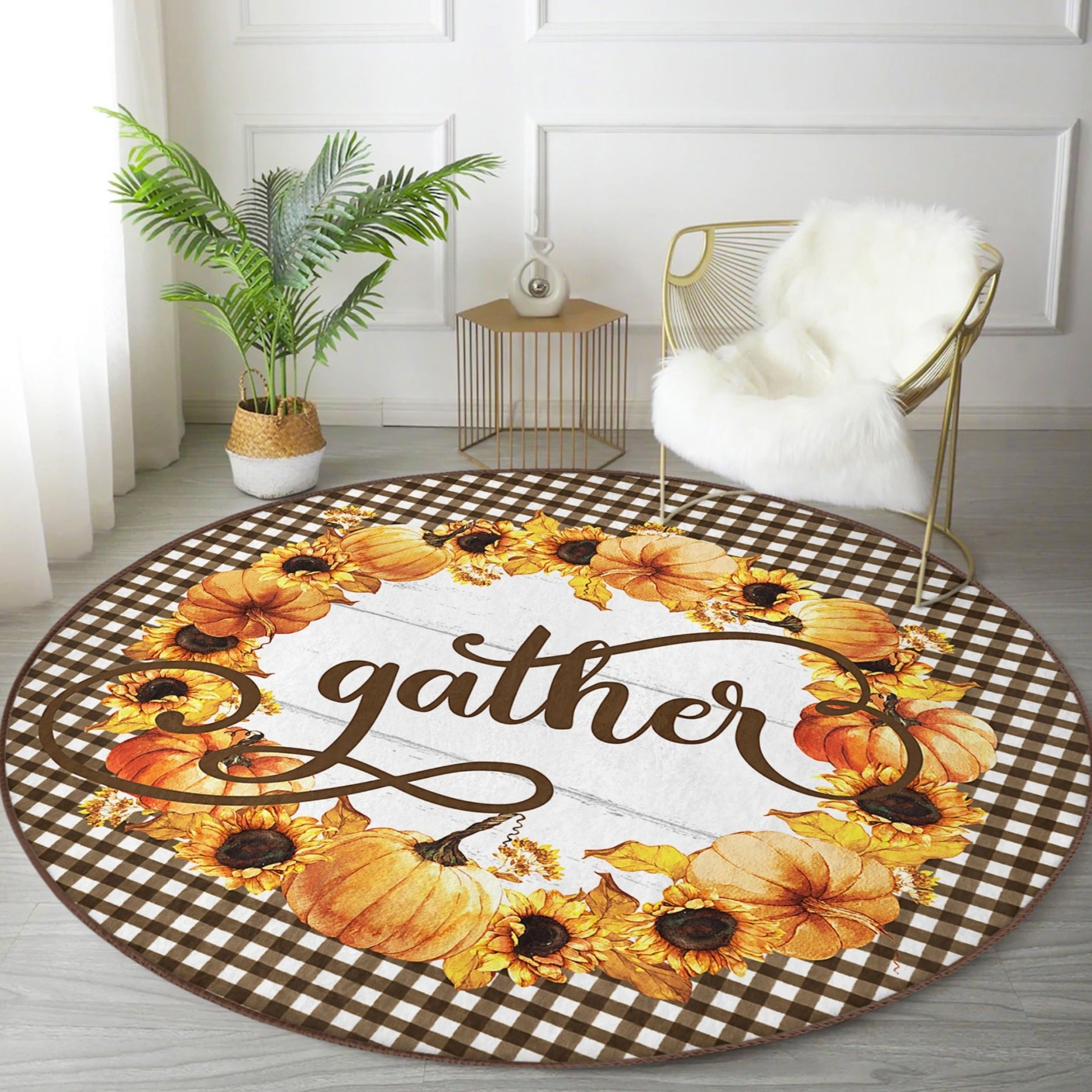 A vibrant round rug featuring a sunflower pattern, perfect for fall decor, made from soft velvet fabric.