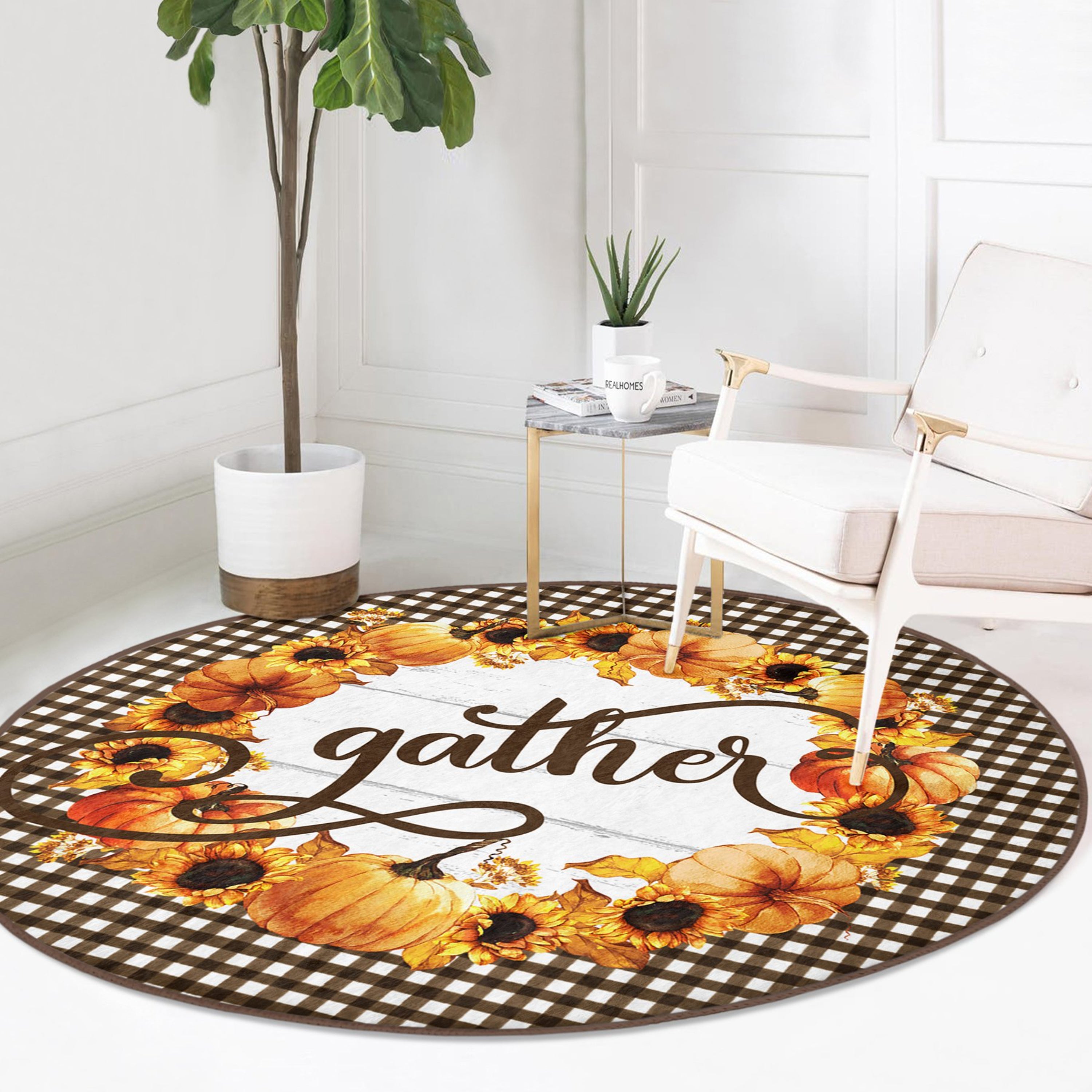 A vibrant round rug featuring a sunflower pattern, perfect for fall decor, made from soft velvet fabric.