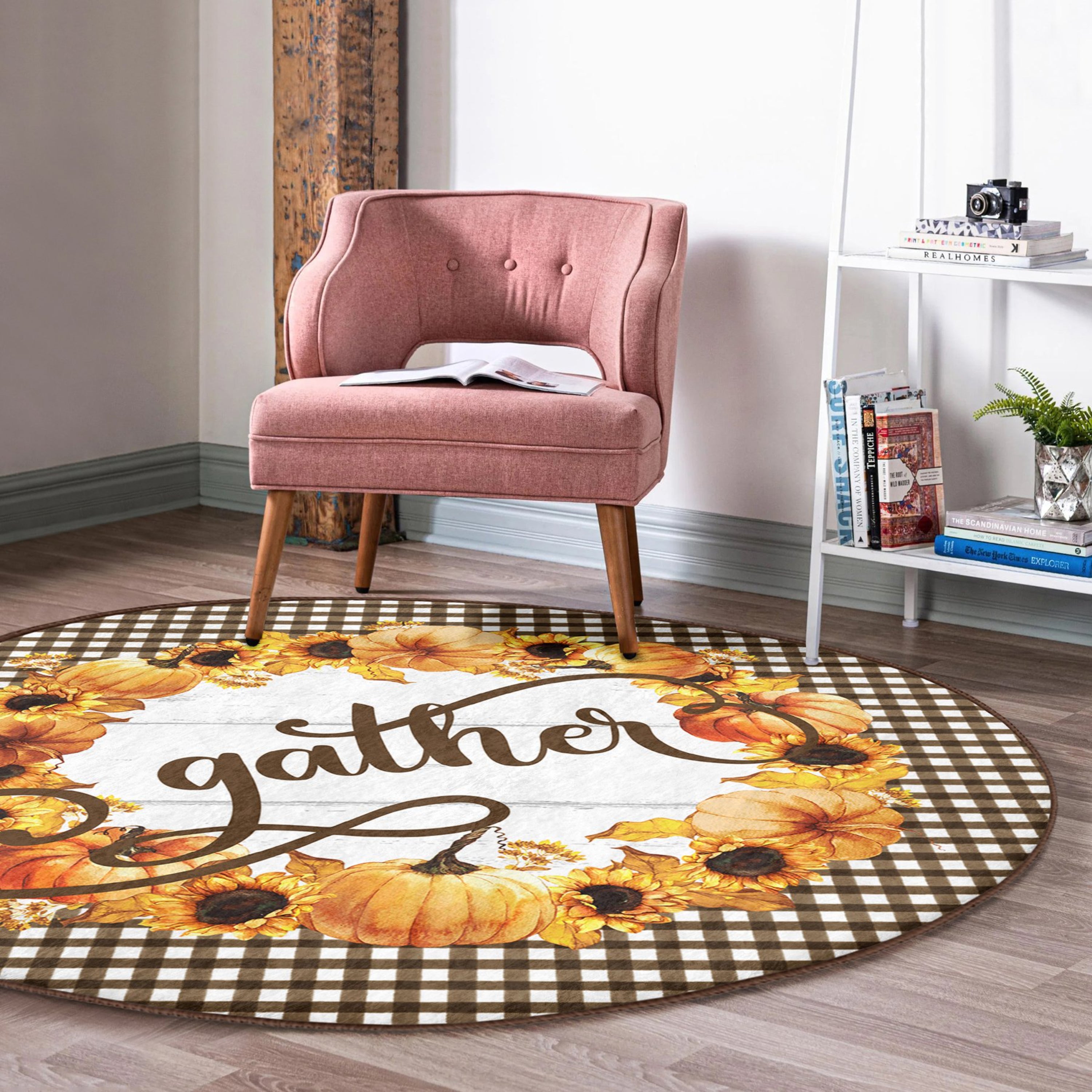 A vibrant round rug featuring a sunflower pattern, perfect for fall decor, made from soft velvet fabric.
