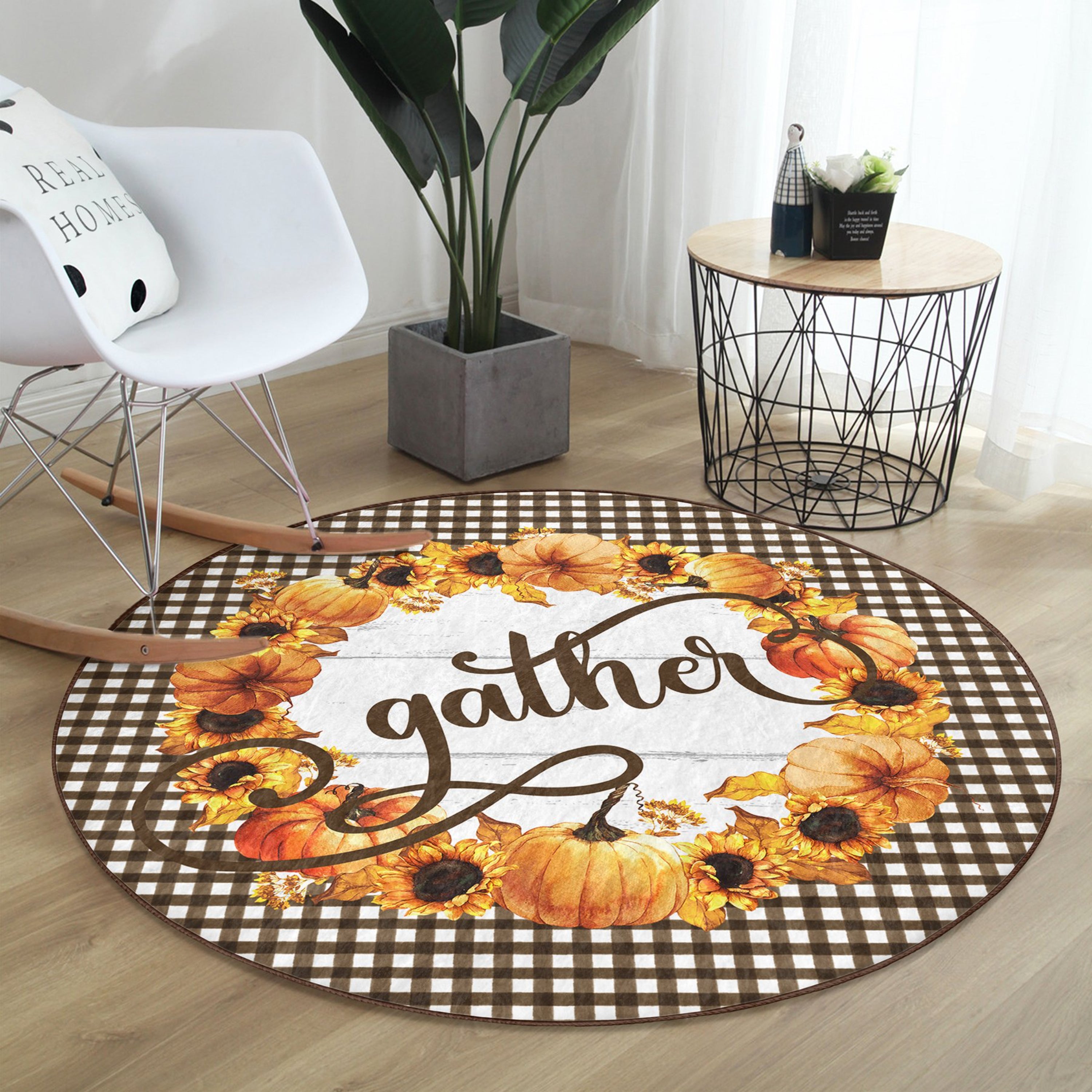A vibrant round rug featuring a sunflower pattern, perfect for fall decor, made from soft velvet fabric.