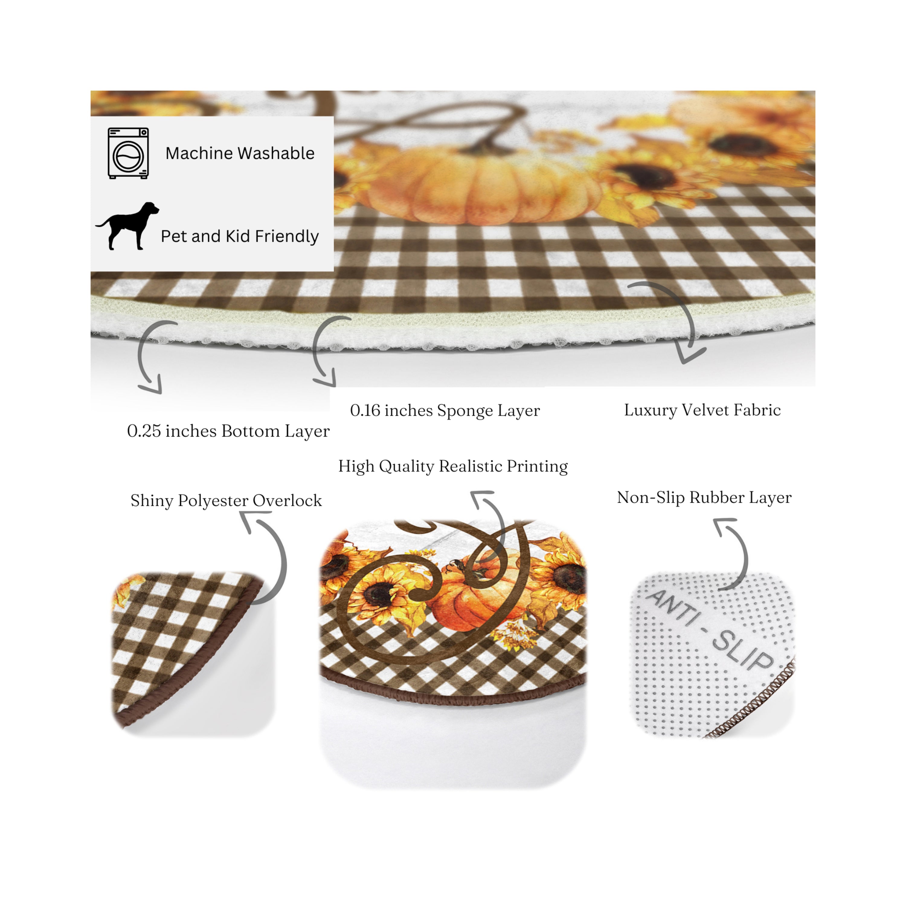 A vibrant round rug featuring a sunflower pattern, perfect for fall decor, made from soft velvet fabric.