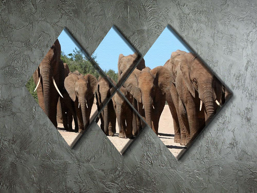 A beautiful 4-square canvas artwork featuring a family herd of African elephants on the move, showcasing their majestic presence in nature.