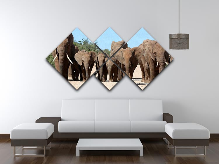 A beautiful 4-square canvas artwork featuring a family herd of African elephants on the move, showcasing their majestic presence in nature.
