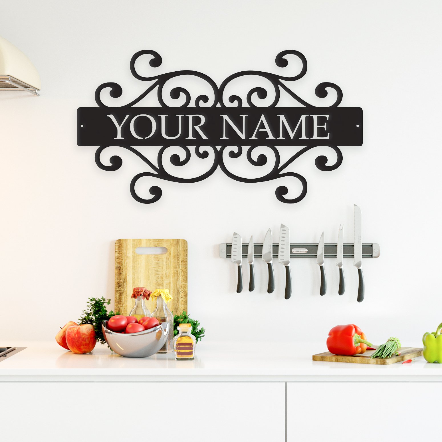 Customizable Family Name Metal Wall Art displayed on a wall, showcasing its elegant design and durable steel construction.
