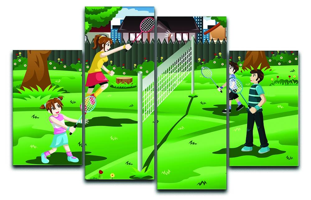 A vibrant 4-split canvas artwork depicting a family playing badminton in a sunny backyard, showcasing joy and togetherness.