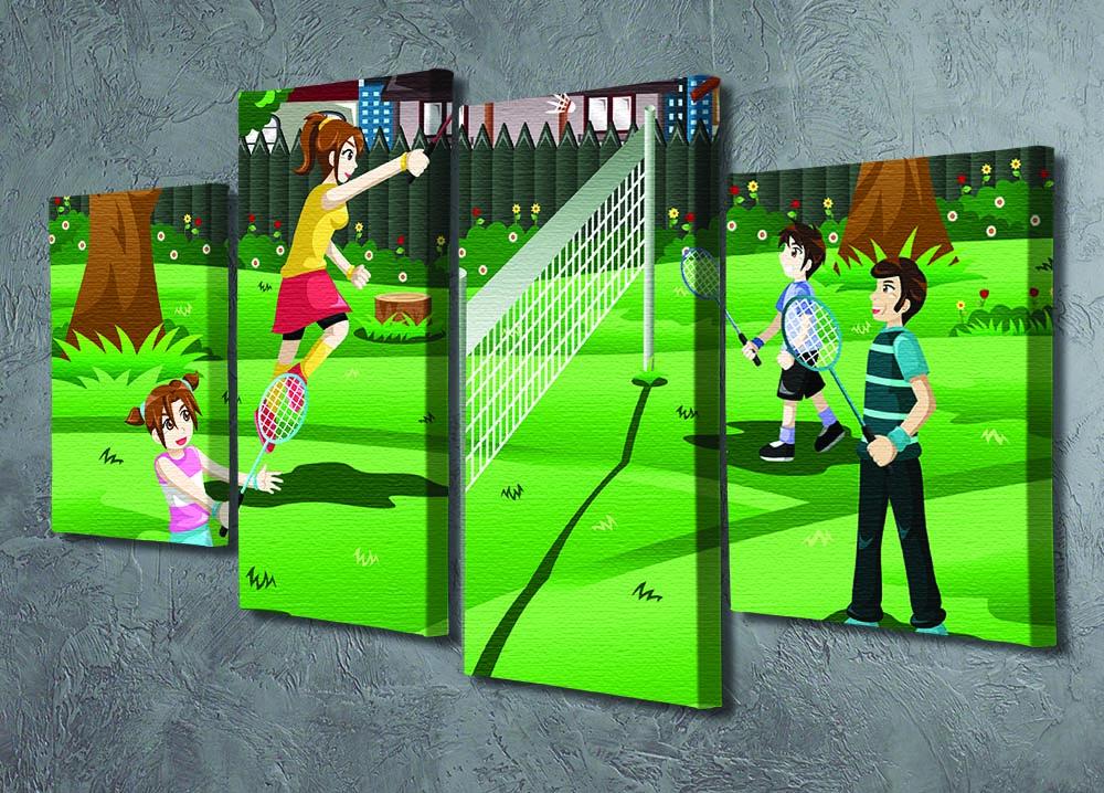 A vibrant 4-split canvas artwork depicting a family playing badminton in a sunny backyard, showcasing joy and togetherness.