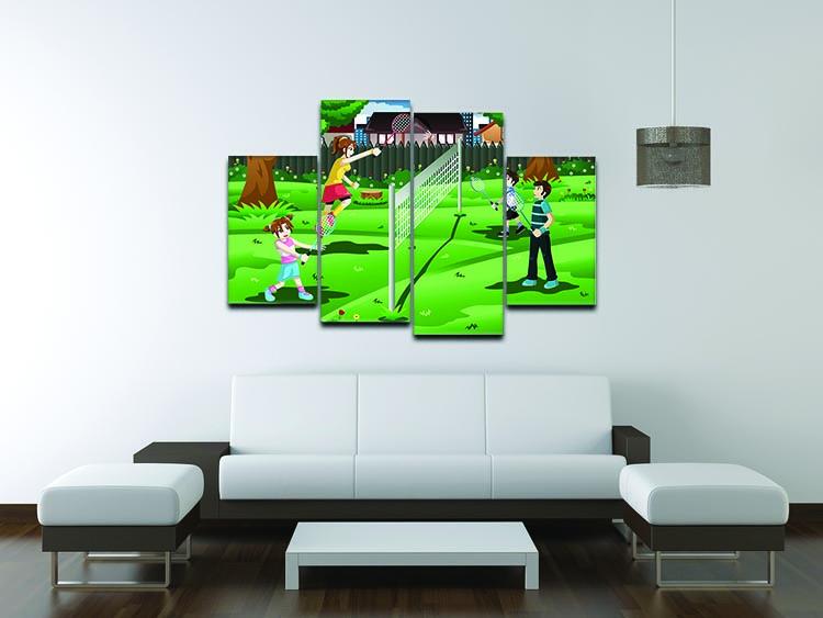 A vibrant 4-split canvas artwork depicting a family playing badminton in a sunny backyard, showcasing joy and togetherness.