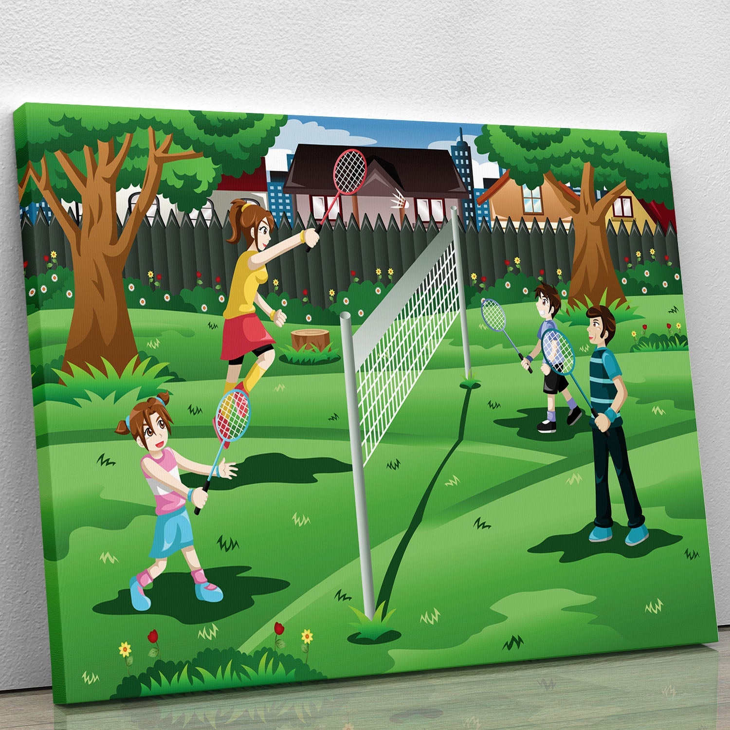 A vibrant canvas print depicting a family playing badminton in a sunny backyard, showcasing joy and togetherness.