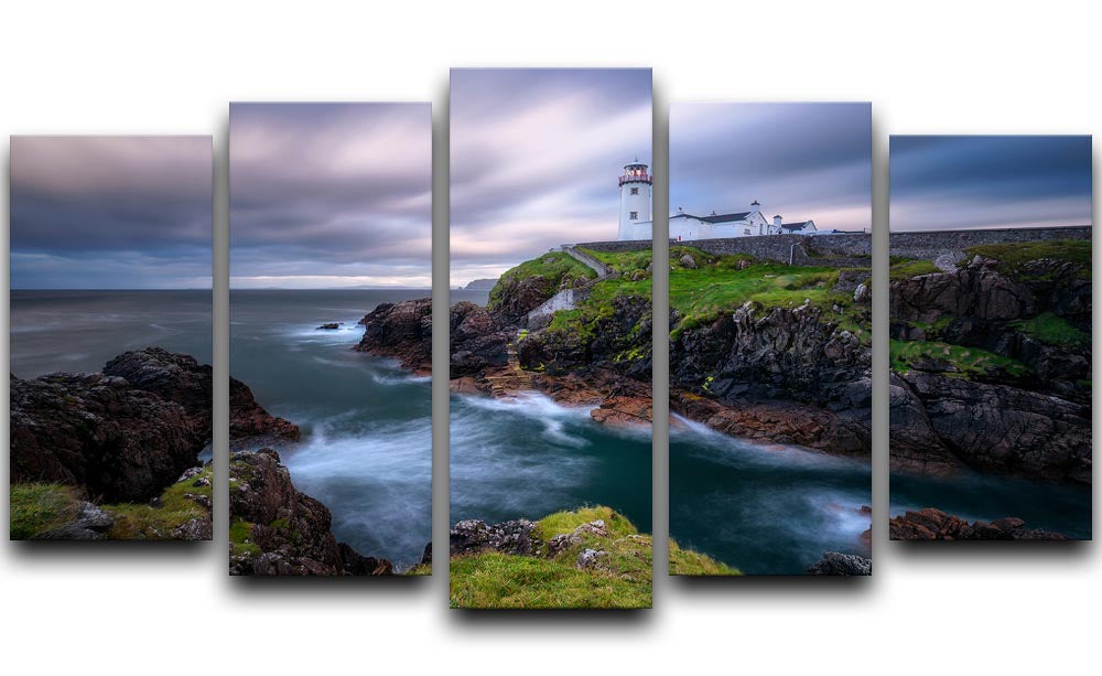 Fanad Head Lighthouse artwork displayed on a 5 split panel canvas, showcasing vibrant colors and stunning coastal scenery.