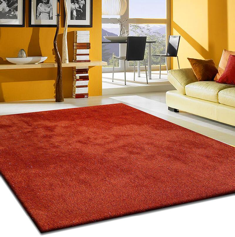 Fancy Collection Red Shag Area Rug with gold hints, hand-tufted, plush texture, available in two sizes.