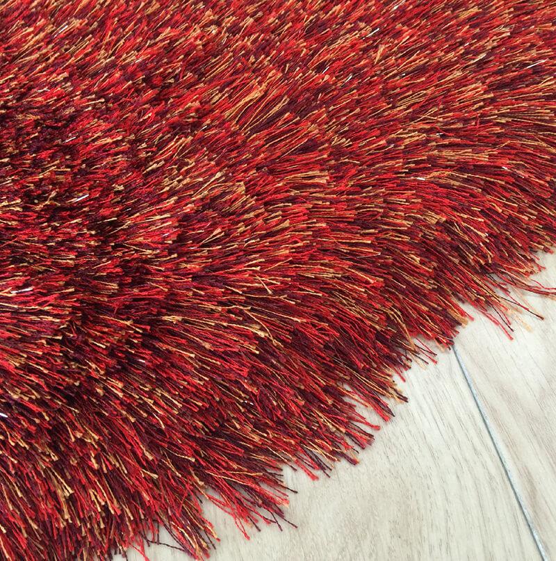 Fancy Collection Red Shag Area Rug with gold hints, hand-tufted, plush texture, available in two sizes.