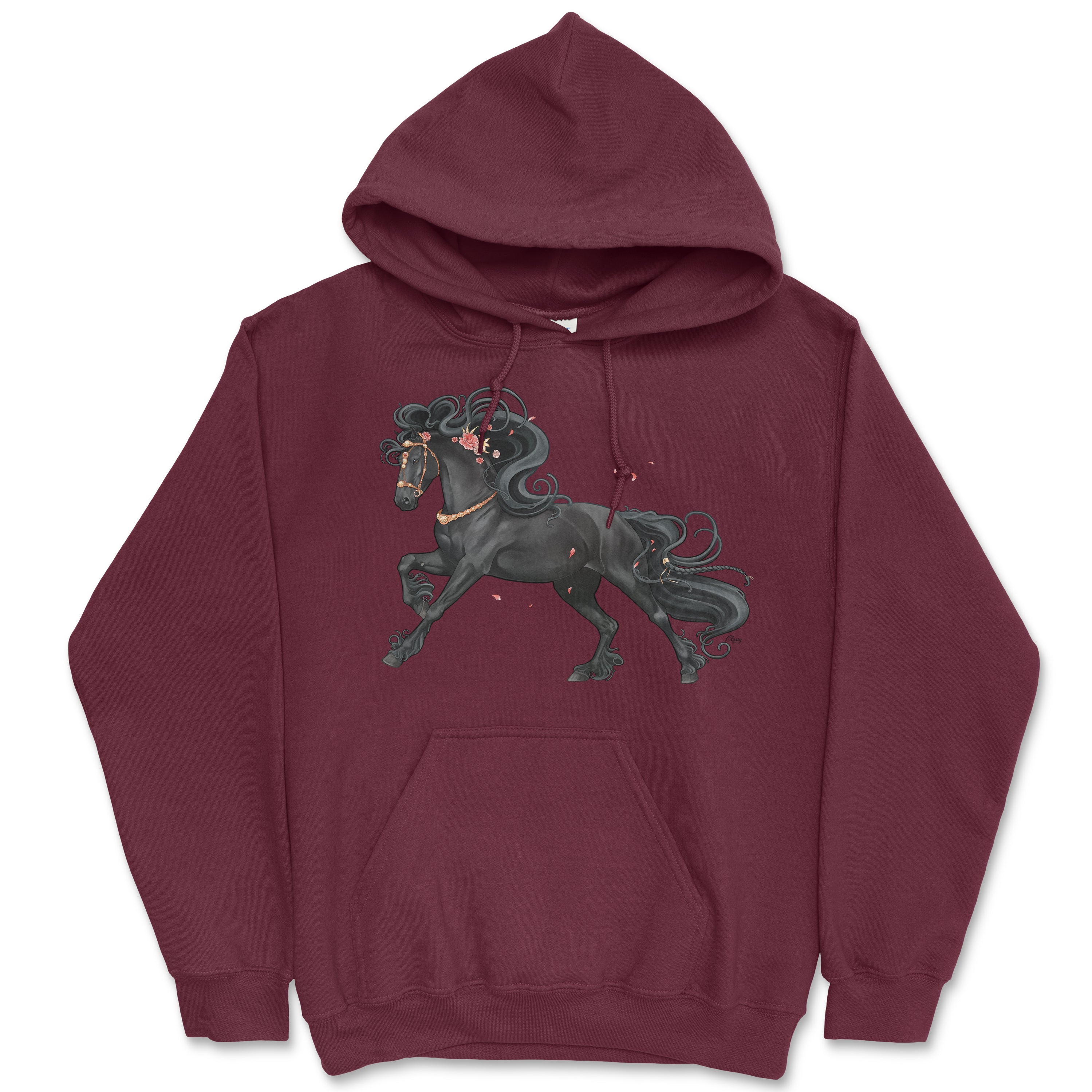 Burgundy hooded sweatshirt featuring a stylish Friesian design, perfect for horse lovers.