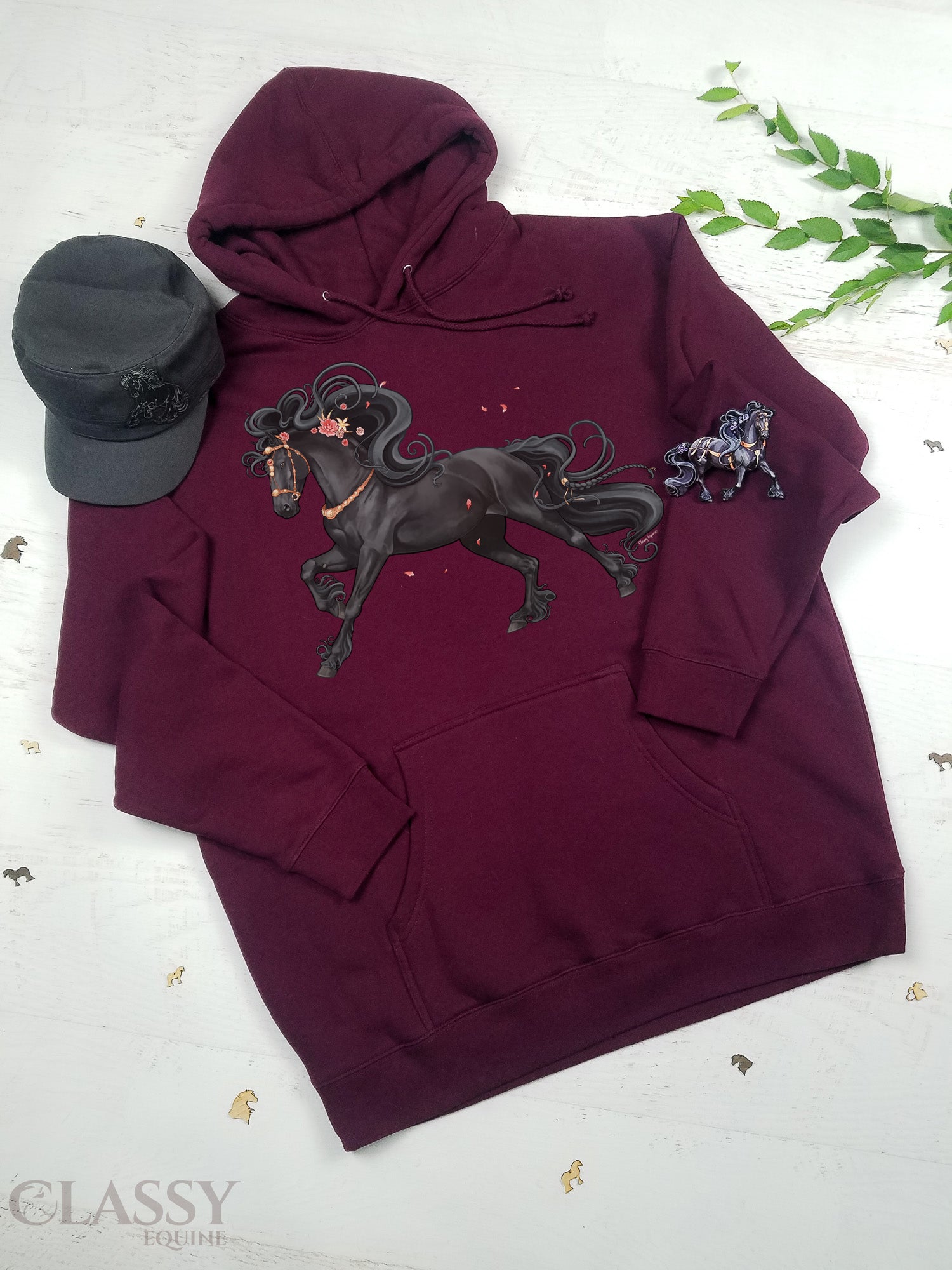 Burgundy hooded sweatshirt featuring a stylish Friesian design, perfect for horse lovers.