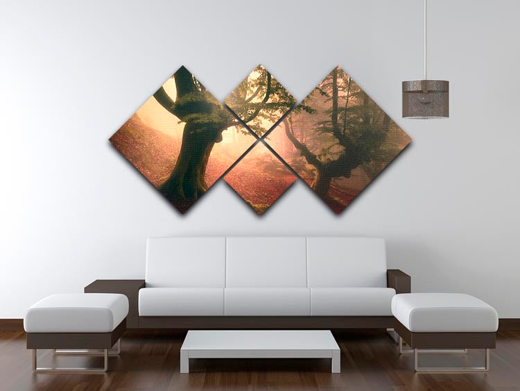 Fangorn Forest 4 Square Multi Panel Canvas artwork featuring a mystical forest scene divided into four equal panels.