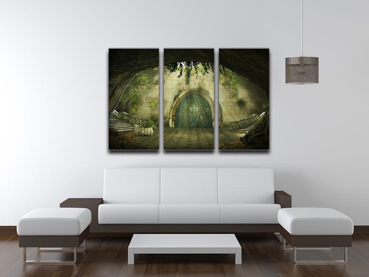 Fantasy Cave 3 Split Panel Canvas Print showcasing a mystical cave scene with vibrant colors and intricate details.