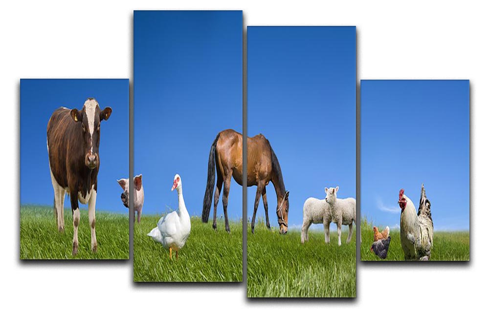 A vibrant 4-split panel canvas featuring charming farm animals, showcasing a cohesive artwork divided into four sections.