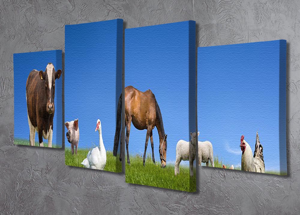 A vibrant 4-split panel canvas featuring charming farm animals, showcasing a cohesive artwork divided into four sections.