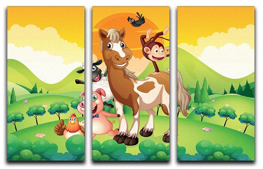A beautiful 3-panel canvas print featuring farm animals in a serene field, showcasing vibrant colors and intricate details.