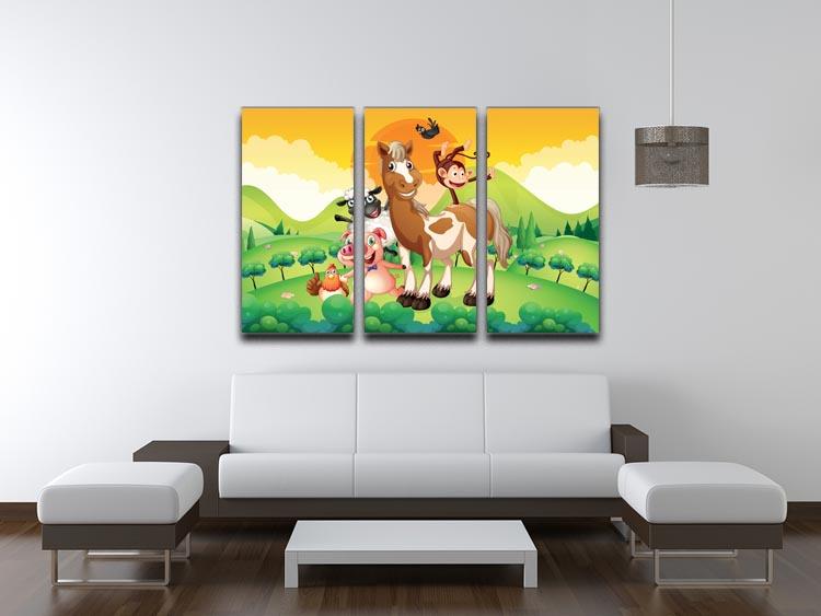 A beautiful 3-panel canvas print featuring farm animals in a serene field, showcasing vibrant colors and intricate details.