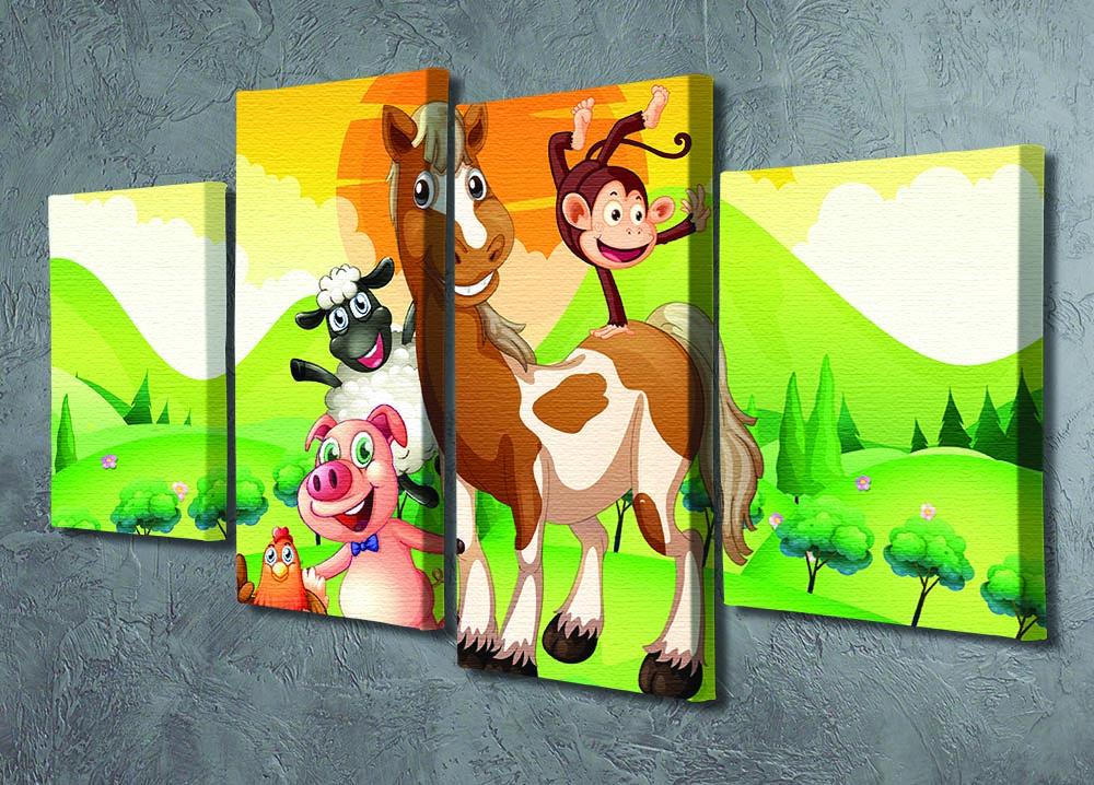 A beautiful 4-panel canvas artwork featuring various farm animals in a lush green field, showcasing vibrant colors and a serene landscape.