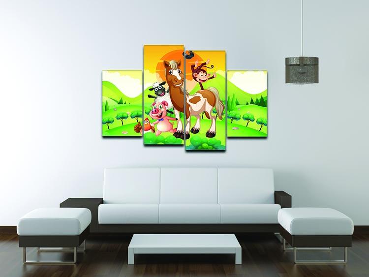 A beautiful 4-panel canvas artwork featuring various farm animals in a lush green field, showcasing vibrant colors and a serene landscape.