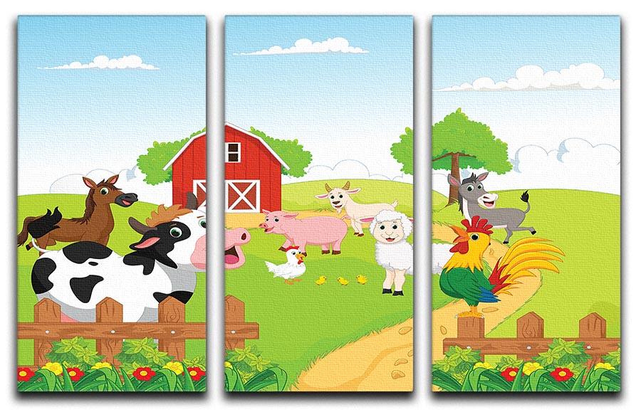 A beautiful 3-panel canvas print featuring farm animals in a vibrant landscape, perfect for home decor.