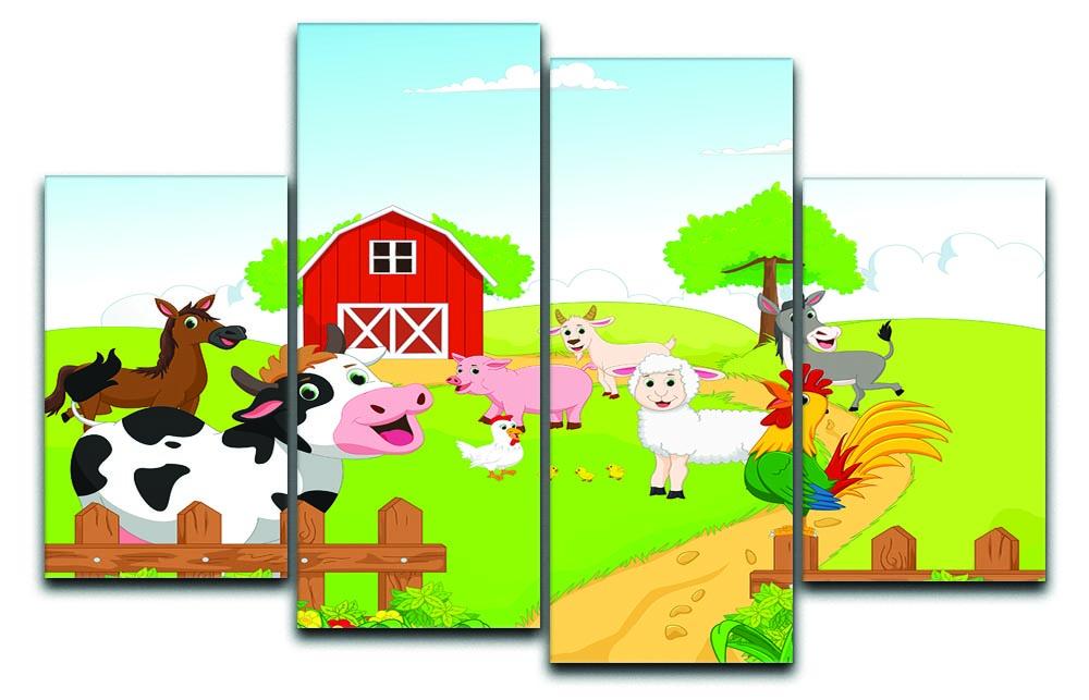 A vibrant 4-split canvas artwork featuring various farm animals, showcasing a dynamic and colorful design.