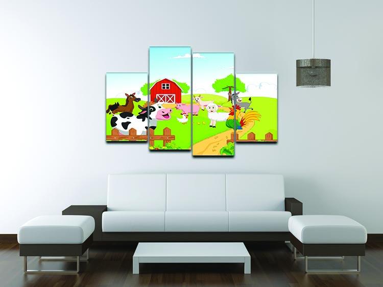 A vibrant 4-split canvas artwork featuring various farm animals, showcasing a dynamic and colorful design.