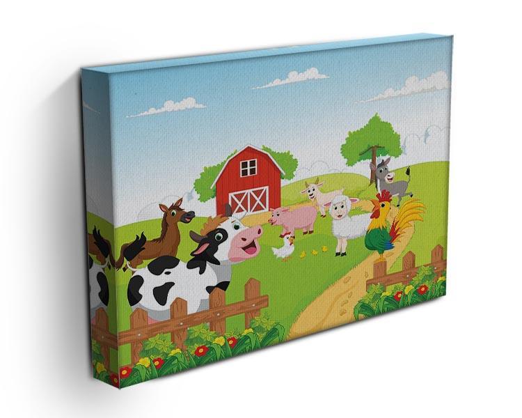 A vibrant canvas print featuring various farm animals in a picturesque rural setting, showcasing cows, chickens, and sheep.