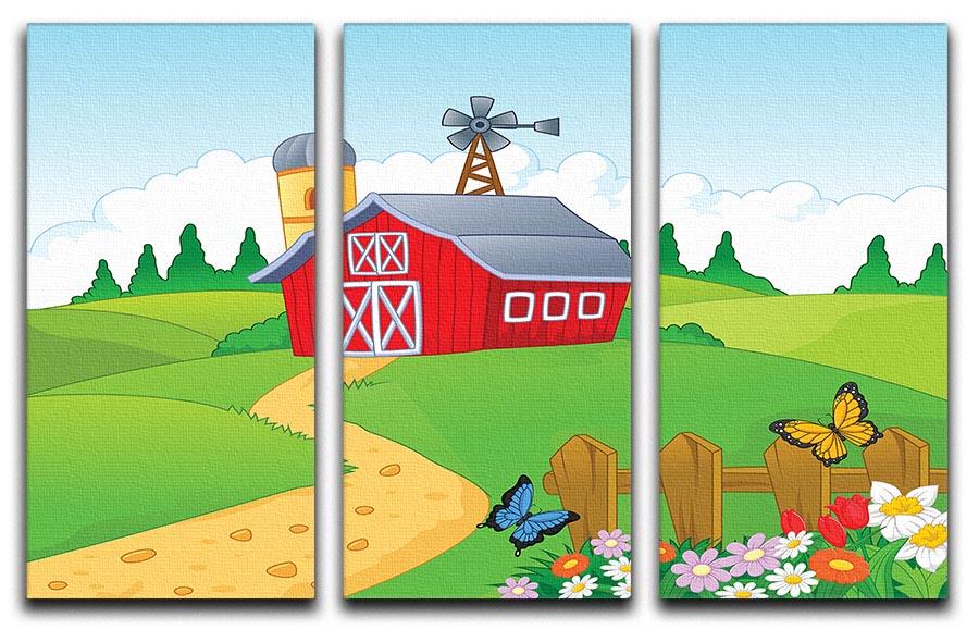 Three-panel canvas print featuring a vibrant farm cartoon background, ideal for home decor.