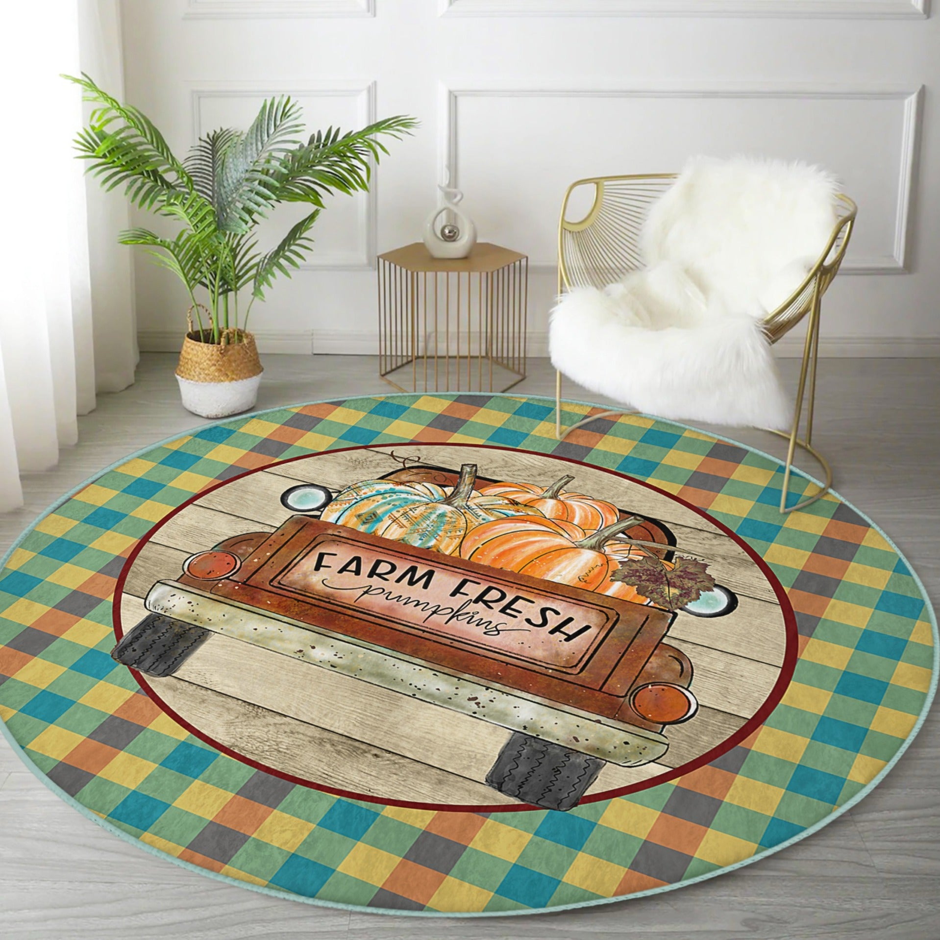 Farm Fresh Pumpkin Washable Round Rug by Homeezone featuring a vibrant pumpkin design on soft velvet fabric.