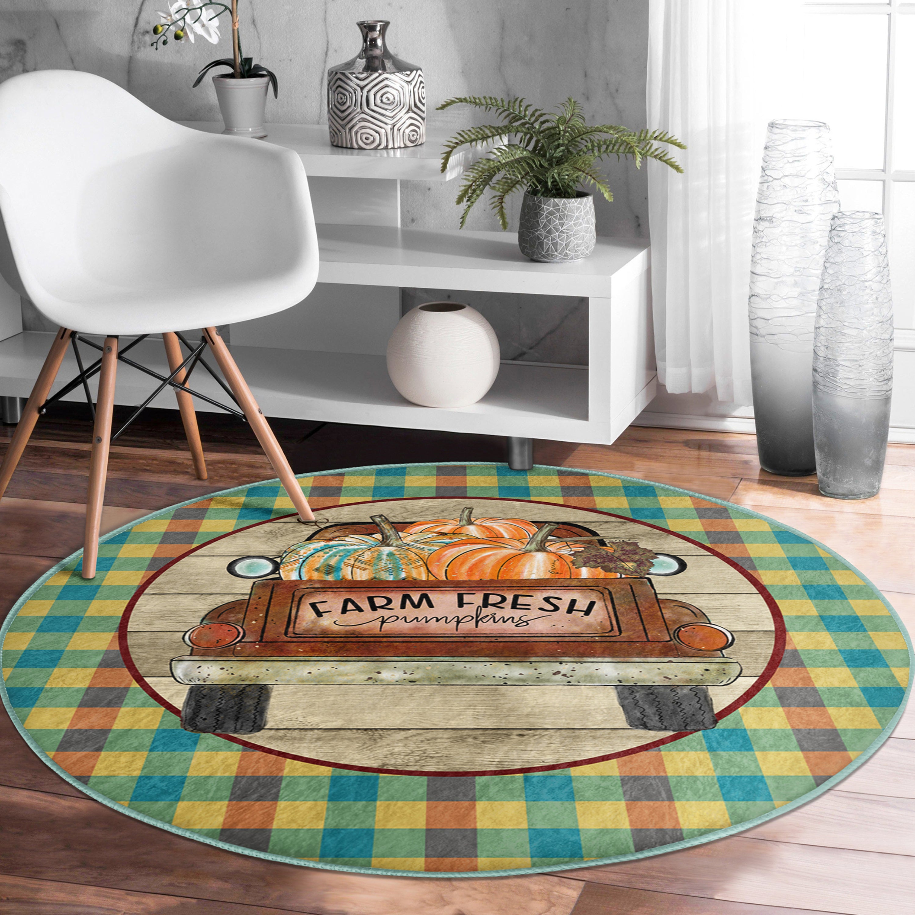 Farm Fresh Pumpkin Washable Round Rug by Homeezone featuring a vibrant pumpkin design on soft velvet fabric.