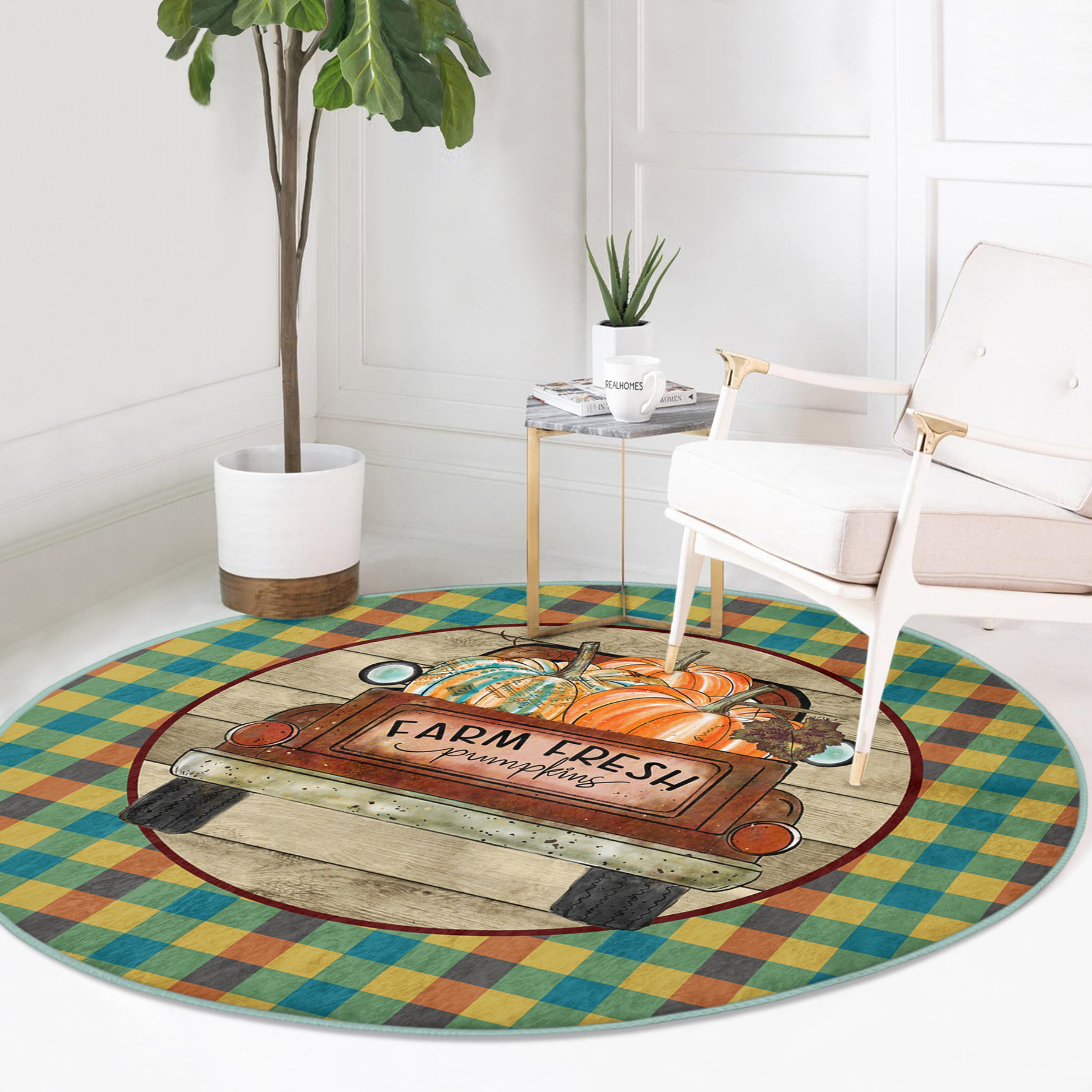 Farm Fresh Pumpkin Washable Round Rug by Homeezone featuring a vibrant pumpkin design on soft velvet fabric.