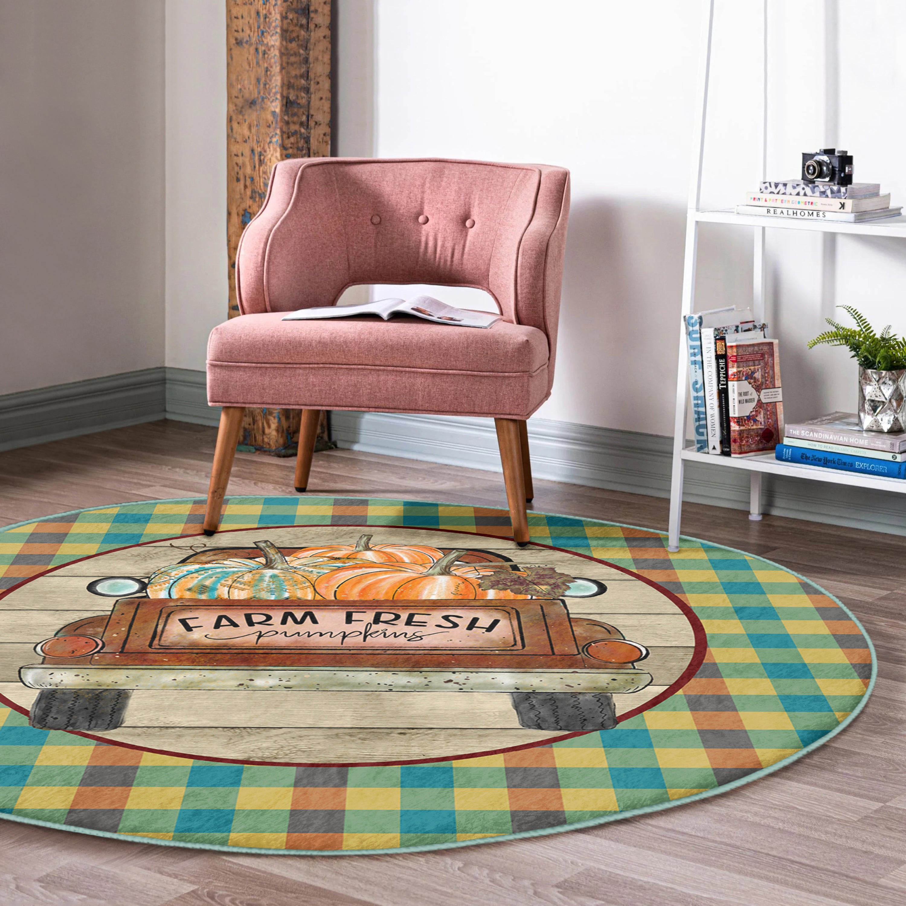 Farm Fresh Pumpkin Washable Round Rug by Homeezone featuring a vibrant pumpkin design on soft velvet fabric.