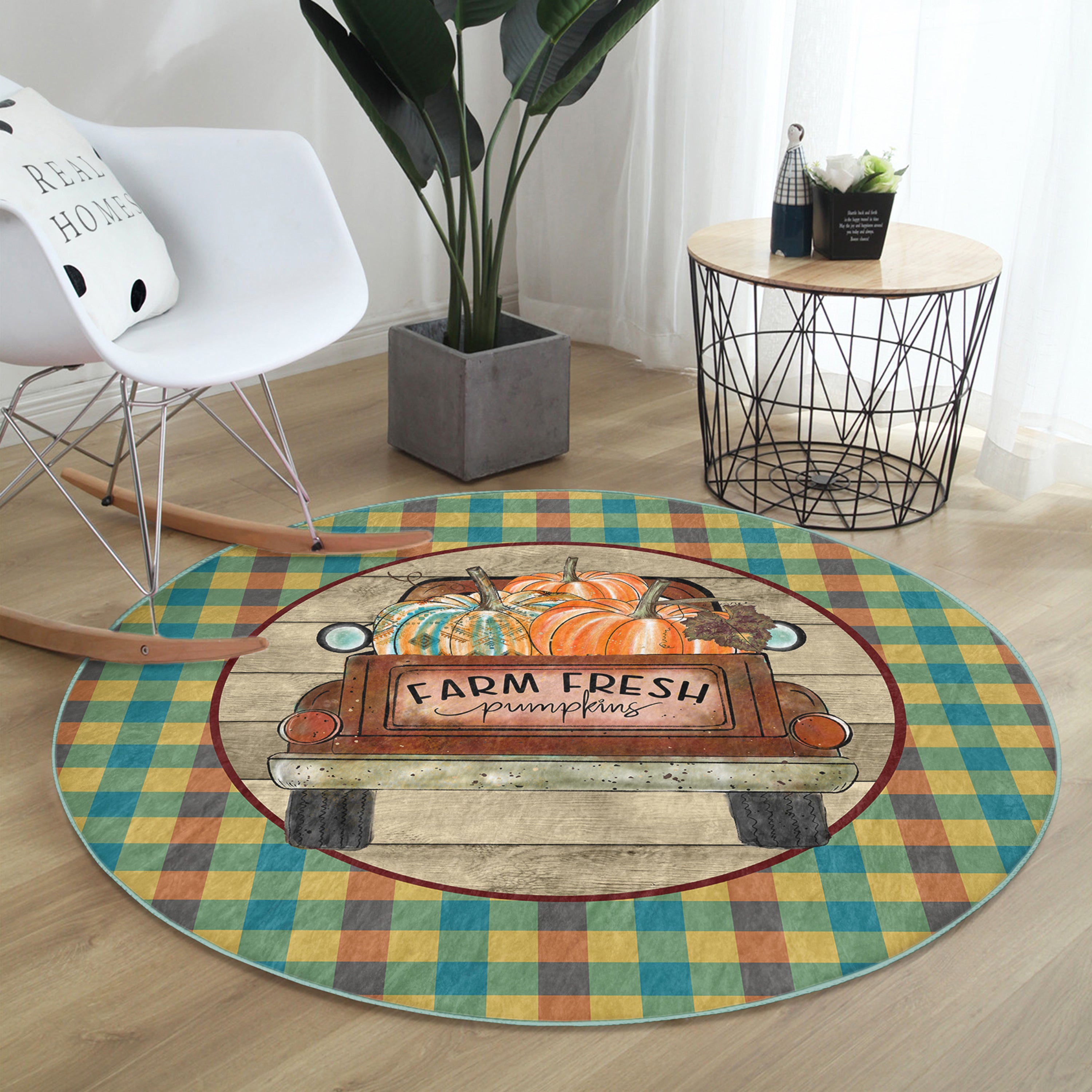 Farm Fresh Pumpkin Washable Round Rug by Homeezone featuring a vibrant pumpkin design on soft velvet fabric.