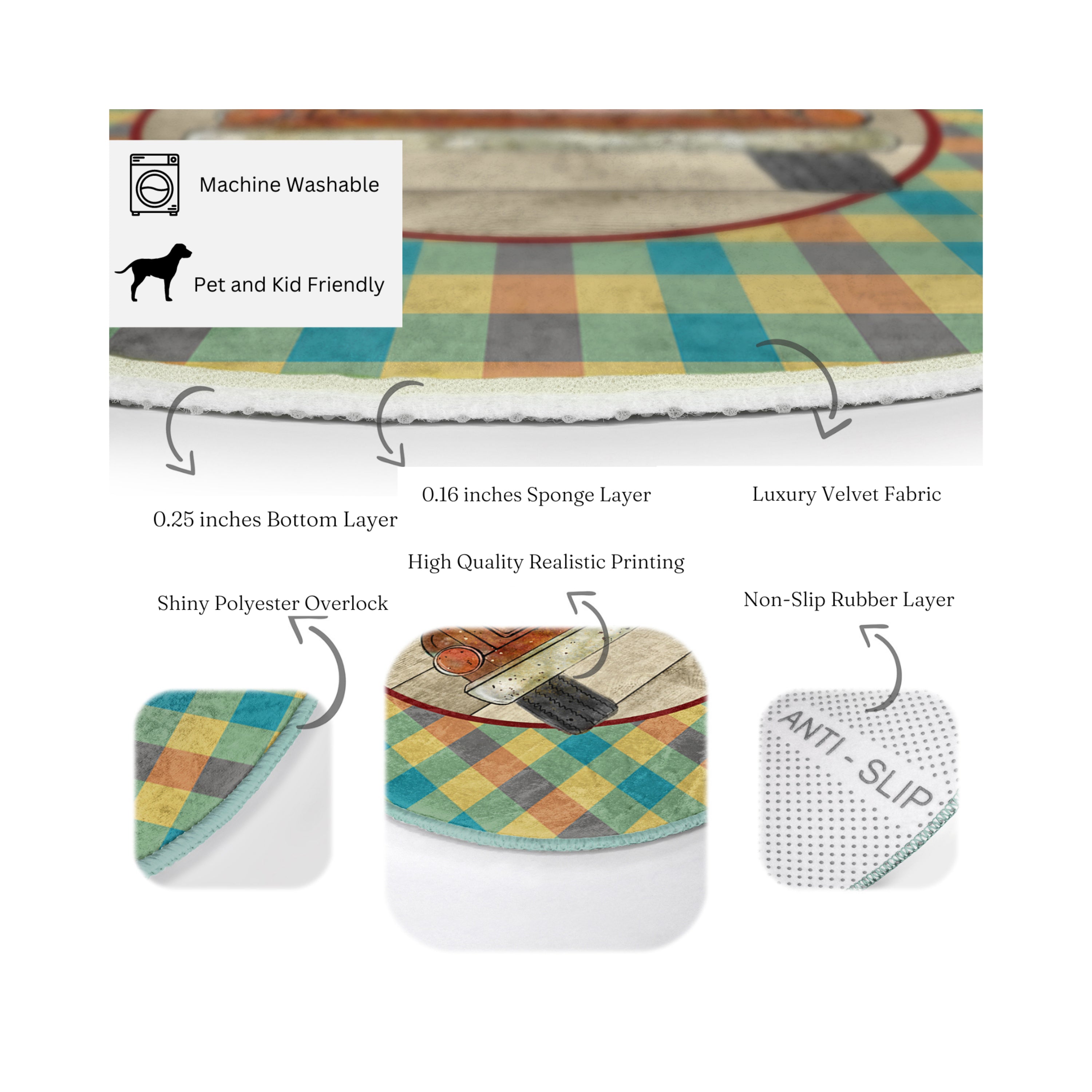 Farm Fresh Pumpkin Washable Round Rug by Homeezone featuring a vibrant pumpkin design on soft velvet fabric.