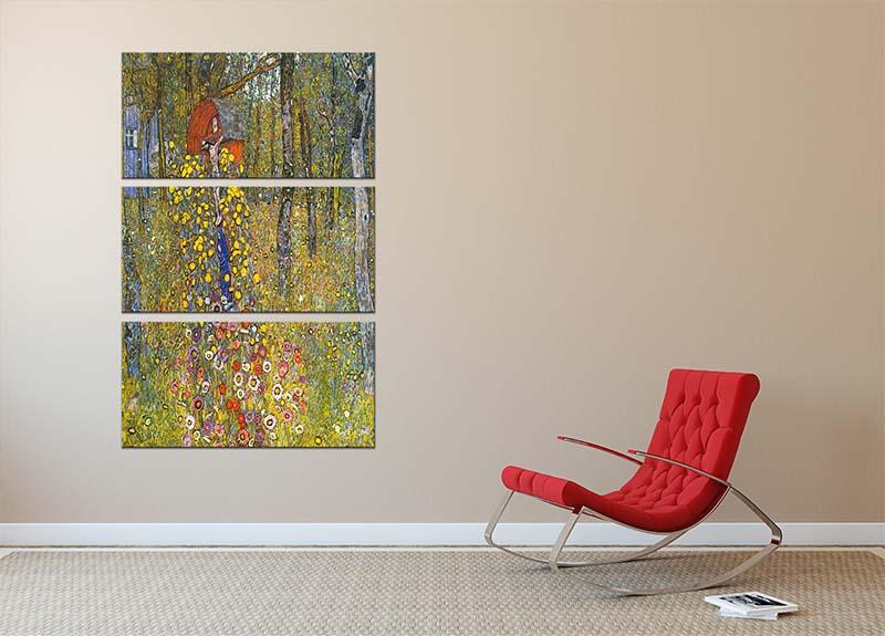 Three-panel canvas print featuring Klimt's Farmers Garden with Crucifix, showcasing vibrant colors and intricate details.
