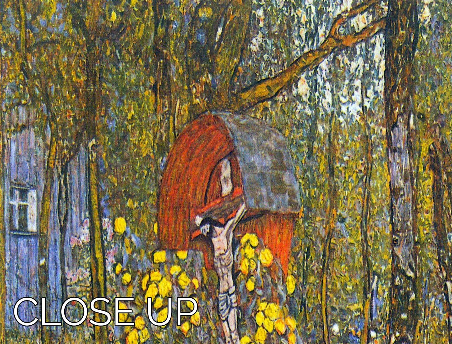 Three-panel canvas print featuring Klimt's Farmers Garden with Crucifix, showcasing vibrant colors and intricate details.