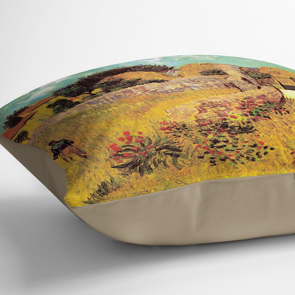 Farmhouse in Provence by Van Gogh Cushion featuring vibrant colors and luxurious vegan faux suede fabric, perfect for home decor.