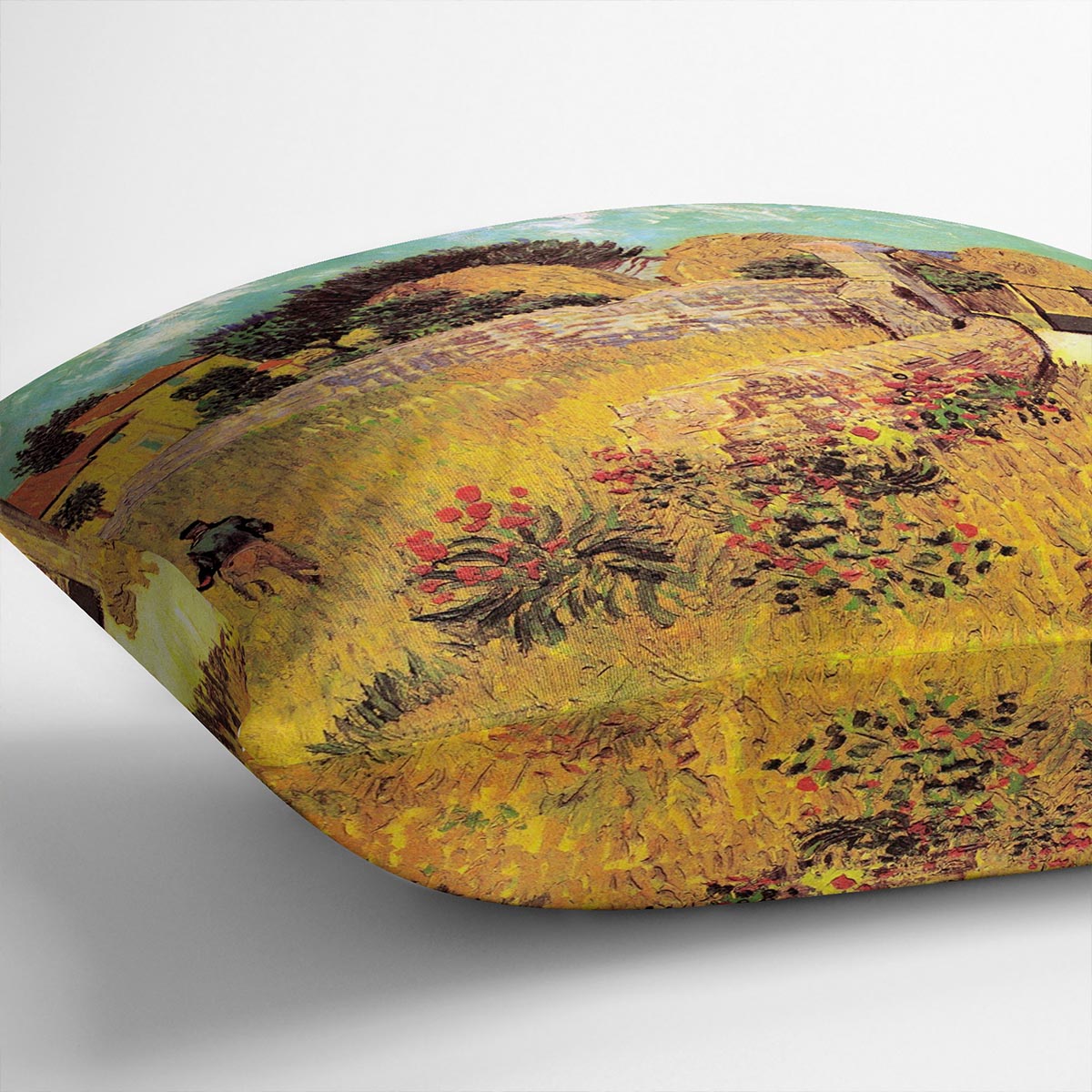 Farmhouse in Provence by Van Gogh Cushion featuring vibrant colors and luxurious vegan faux suede fabric, perfect for home decor.