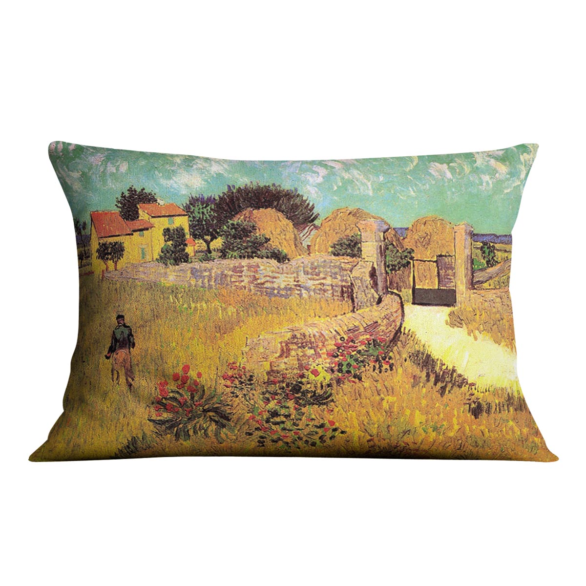 Farmhouse in Provence by Van Gogh Cushion featuring vibrant colors and luxurious vegan faux suede fabric, perfect for home decor.