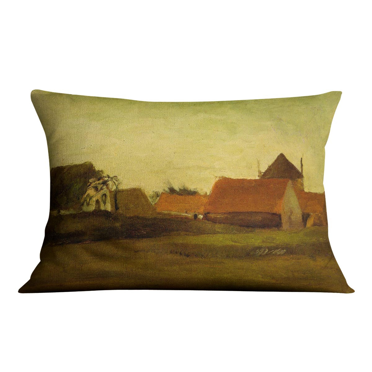 Vibrant abstract cushion featuring Van Gogh's Farmhouses in Loosduinen design, showcasing rich colors and luxurious texture.