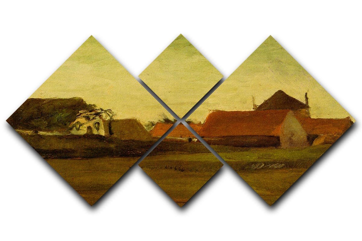 A 4-square canvas artwork by Van Gogh depicting farmhouses in Loosduinen at twilight, showcasing vibrant colors and unique brush strokes.