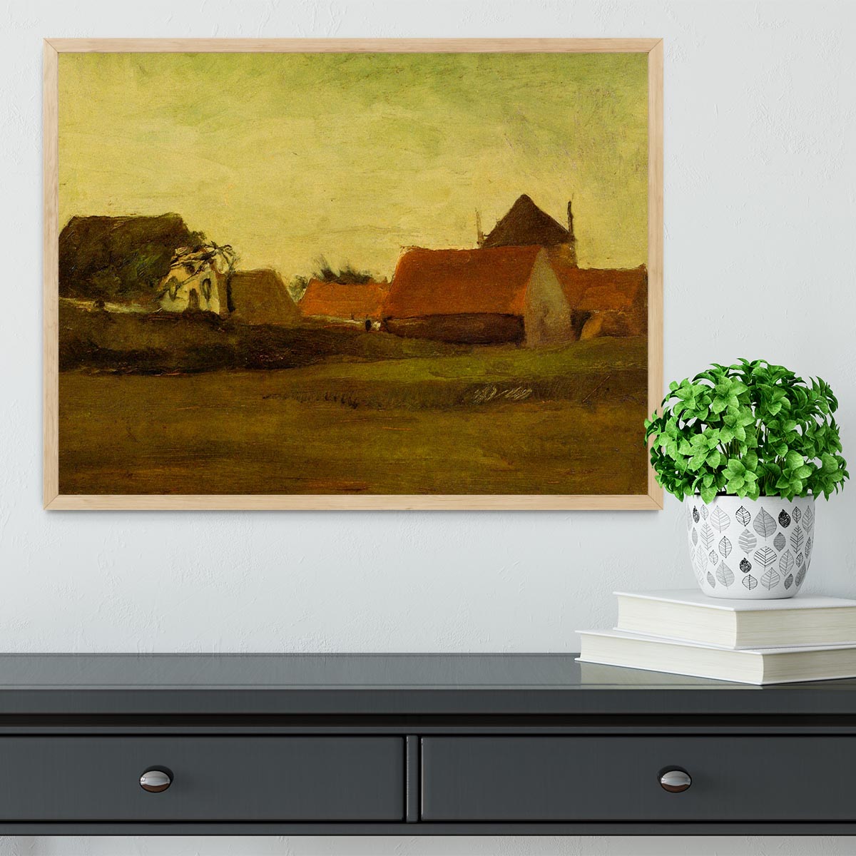 Framed artwork of Van Gogh's Farmhouses in Loosduinen, showcasing vibrant colors and intricate details.