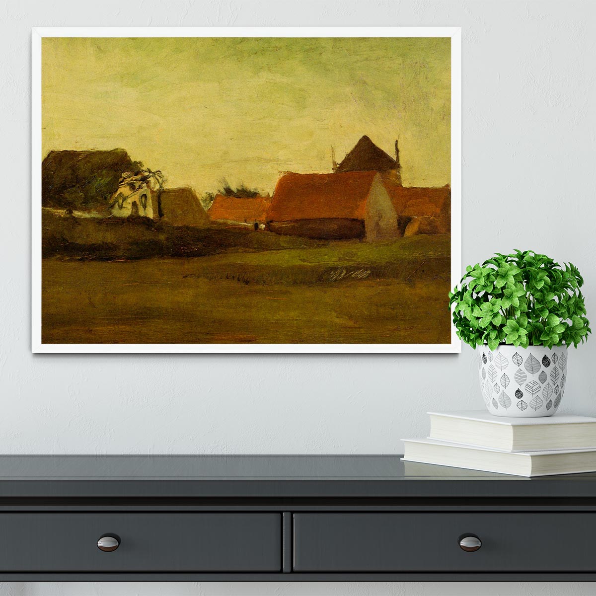 Framed artwork of Van Gogh's Farmhouses in Loosduinen, showcasing vibrant colors and intricate details.